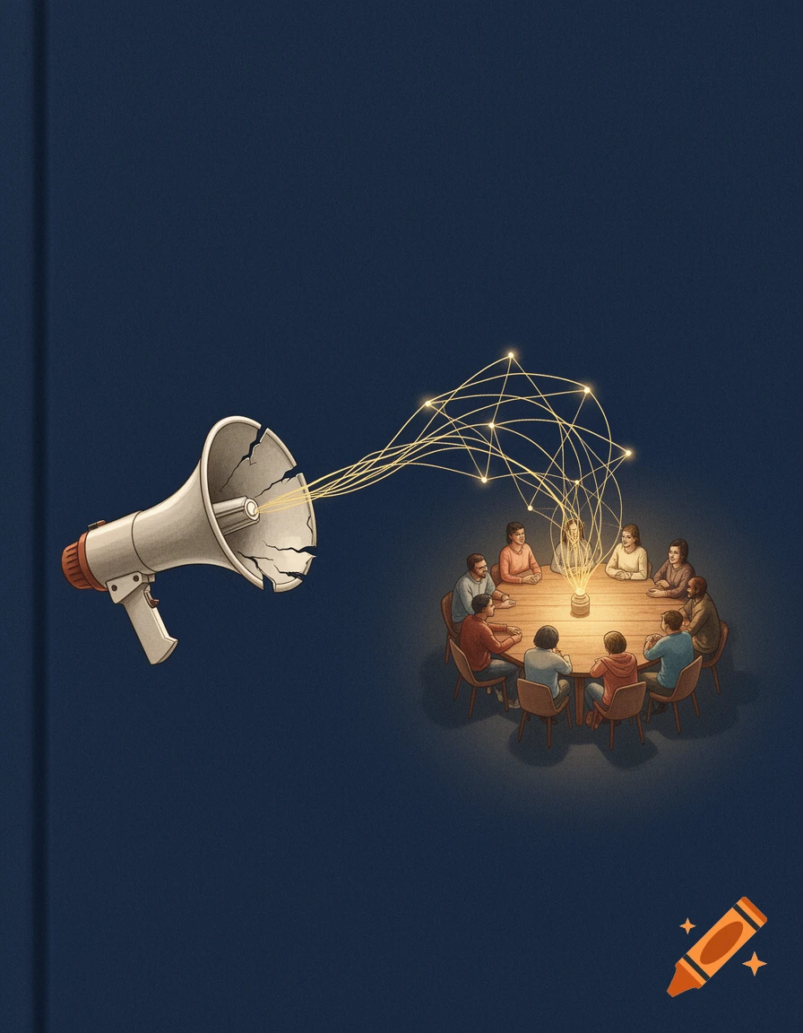 A broken megaphone emits a golden network of light connecting people around a warmly lit table, symbolizing communication and community.