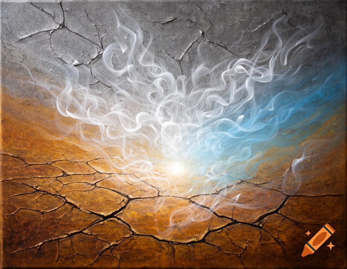 Abstract painting featuring cracked earth textures in ochre and grey with glowing light and swirling white and cerulean smoke.