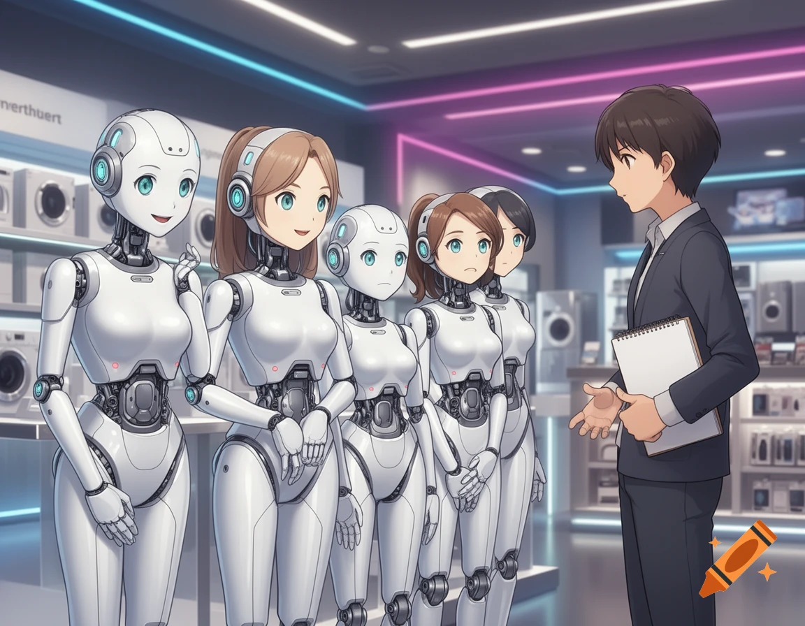 Anime style image of a man in an appliance store looking at a row of humanoid robot women.