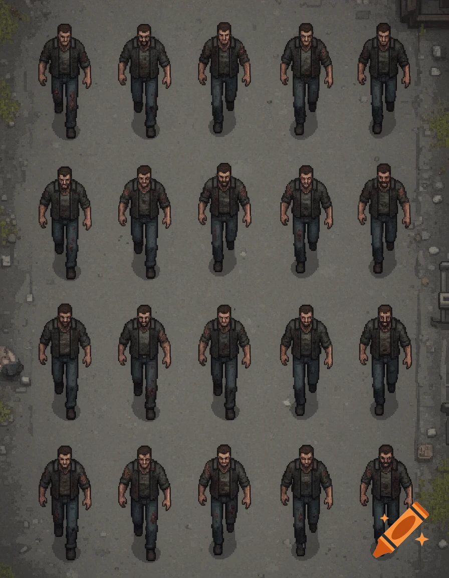 Top-down pixel art sprite sheet of a blood-stained male character walking, set against a gritty ground texture.