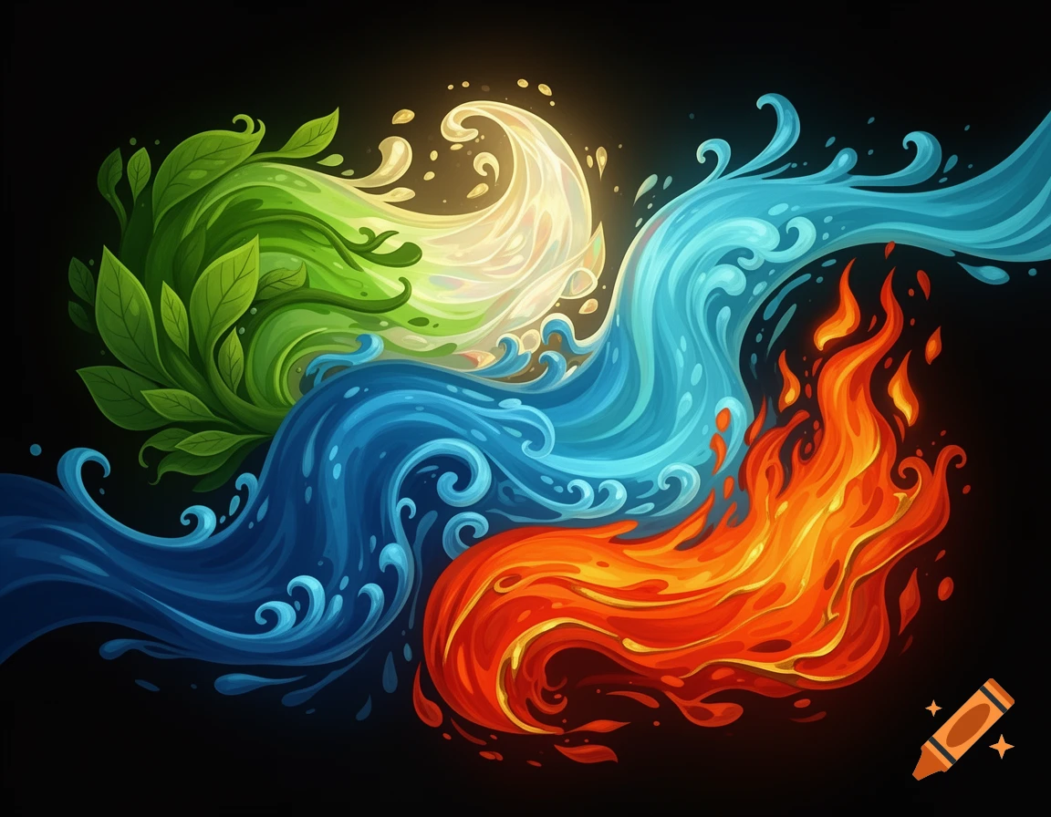 Abstract illustration of four swirling elements: green leaves (plant), white light, blue water, and orange-red fire, against a dark background.