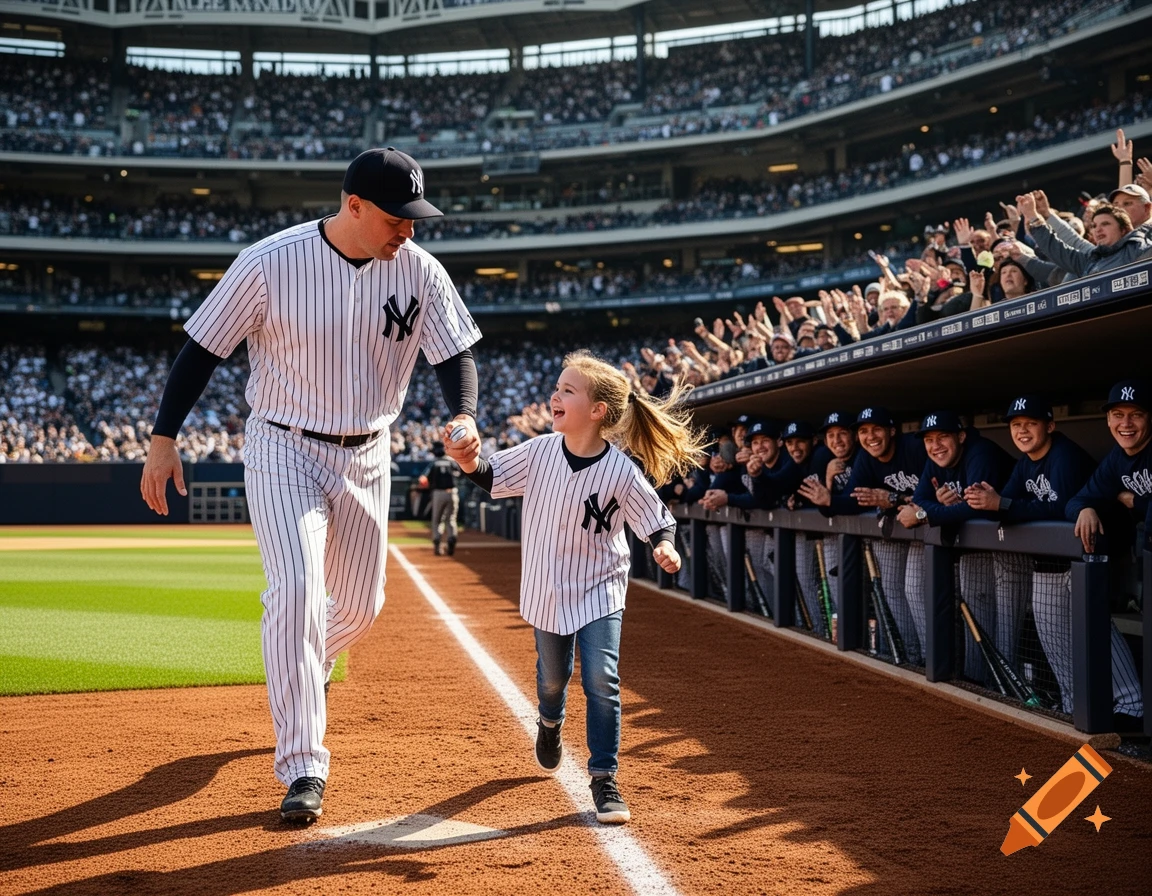 A New York Yankees baseball player and a smiling child walk on a baseball field past the dugout during a game, with a cheering crowd in the stands.