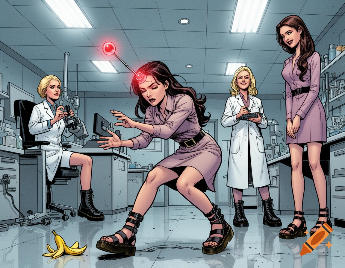 Comic book illustration of a woman in a lab with a mind-control antenna, about to step on a banana peel, while other scientists watch.