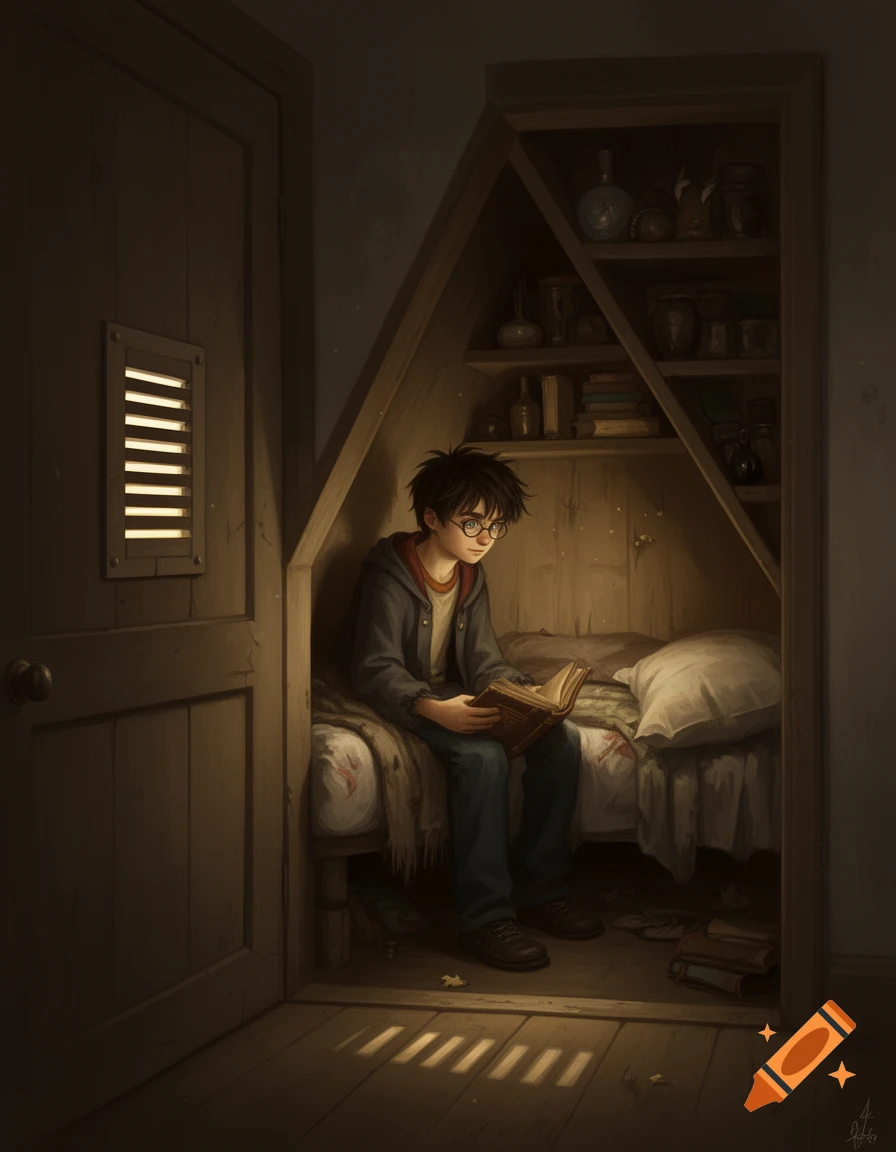 An illustration of Harry Potter reading a glowing book in his dark cupboard under the stairs, with light filtering through a door vent.