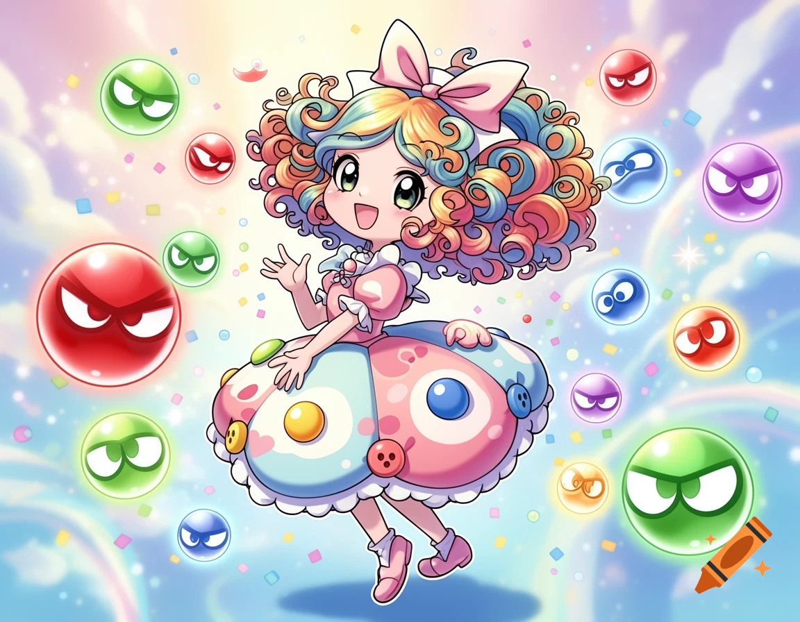 A cute anime girl with colorful, curly hair and a pink button dress waves, surrounded by angry-faced, colorful bubbles in Puyo Puyo style.