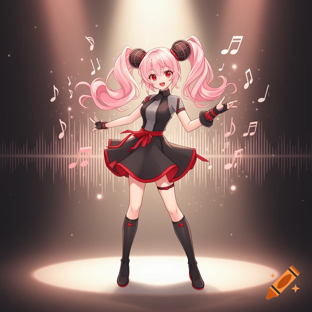An anime girl with pink pigtails and a black and red dress sings on stage, surrounded by musical notes and an equalizer graphic.