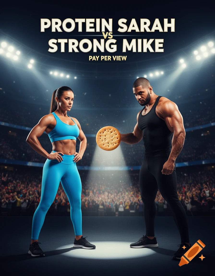 A pay-per-view poster titled 'Protein Sarah vs Strong Mike' shows two muscular athletes in a stadium; the man holds a large biscuit.