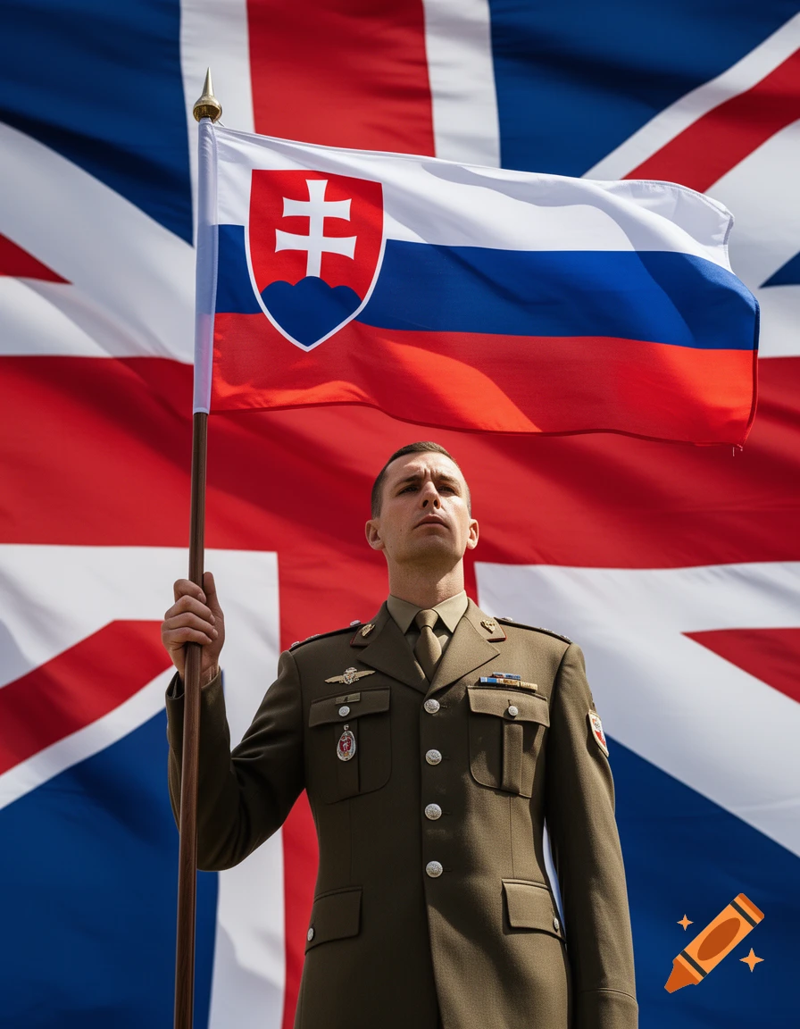 A soldier in a green uniform holds a Slovak flag against a large British flag.