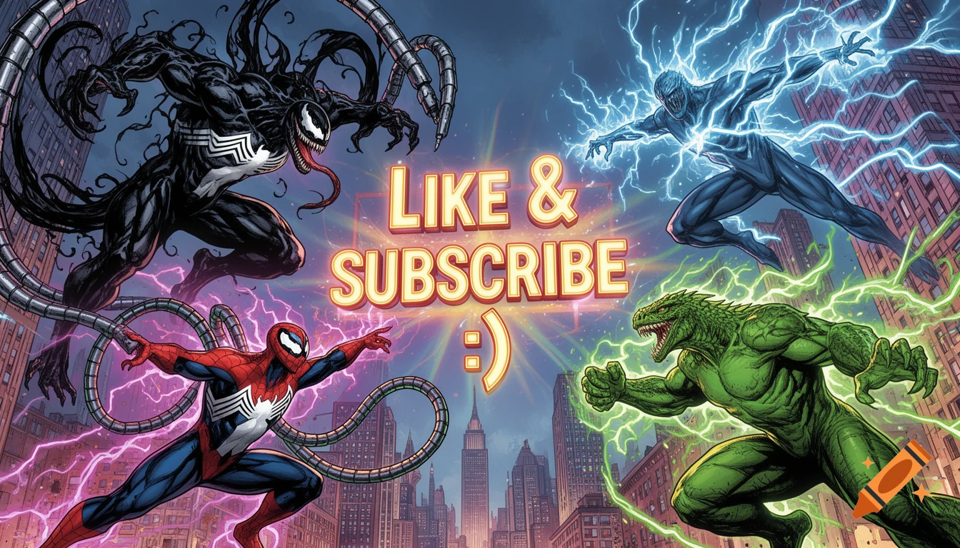 Comic book-style art featuring Spider-Man, Doctor Octopus, Venom, Electro, and Lizard, with 'LIKE & SUBSCRIBE :)' text in the center, set against a city background at dusk.