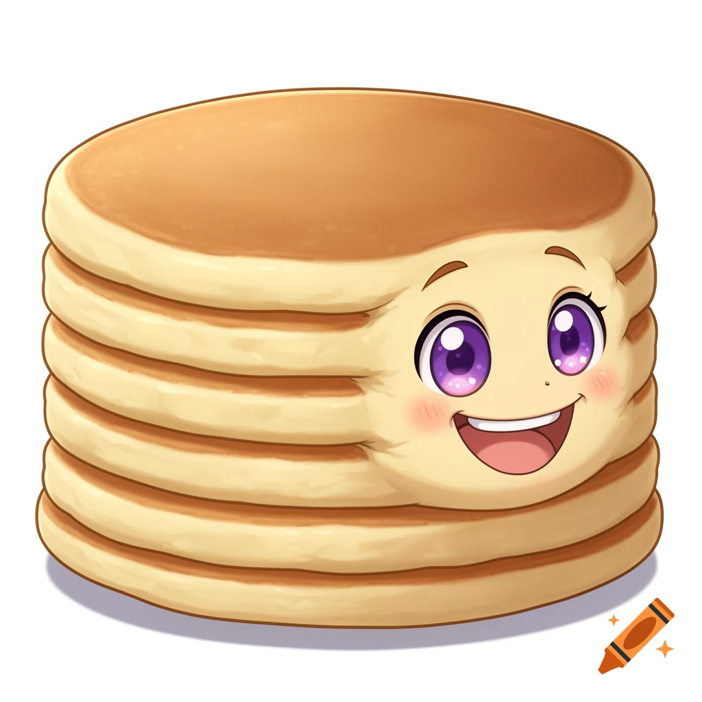 Cartoon stack of fluffy pancakes with a happy face and purple eyes on a white background.