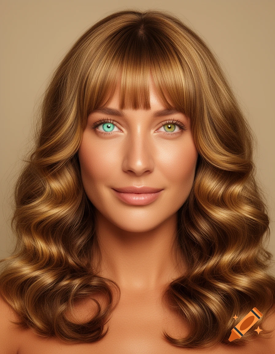 Photorealistic portrait of a woman with long wavy golden-brown hair, curtain bangs, tanned skin, and heterochromatic turquoise and green-gold eyes.