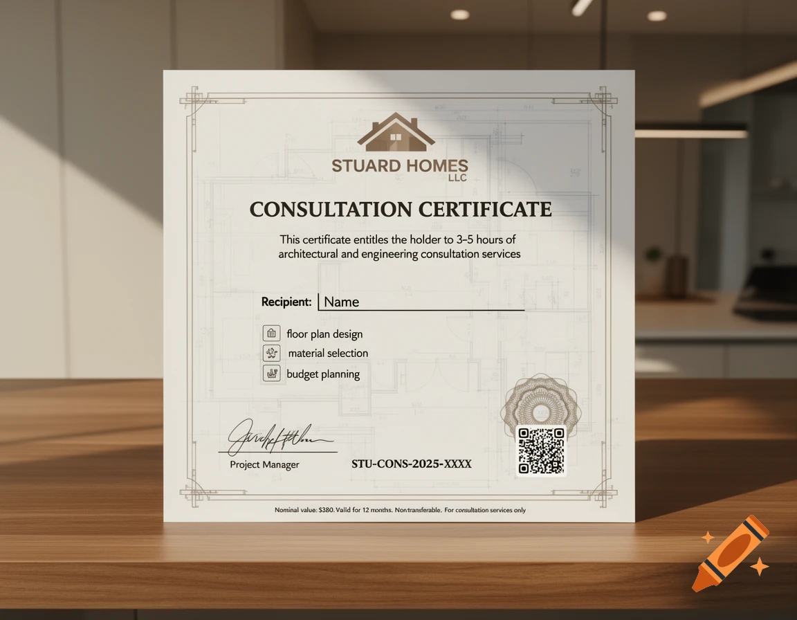 A photorealistic consultation certificate from Stuard Homes, LLC on a wooden desk, featuring blueprint lines and a QR code.
