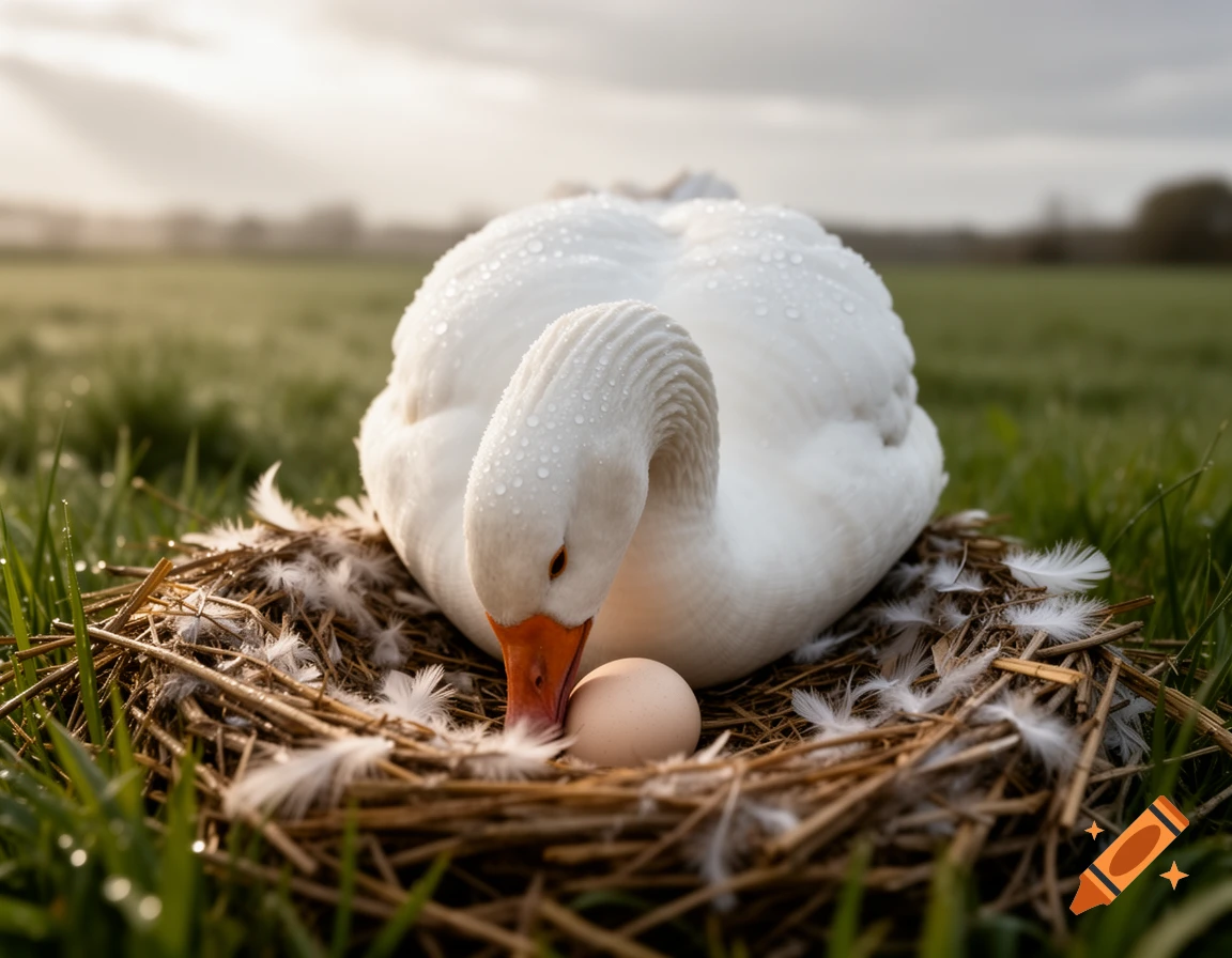 A white goose, covered in dew drops, sits carefully in a straw nest with one egg, in a sunny green field.
