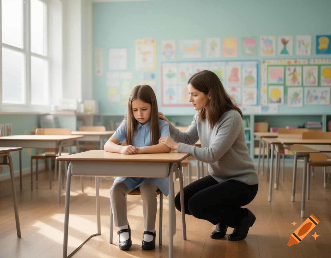 A female teacher comforts a crying elementary school girl sitting at a desk in a brightly lit classroom.