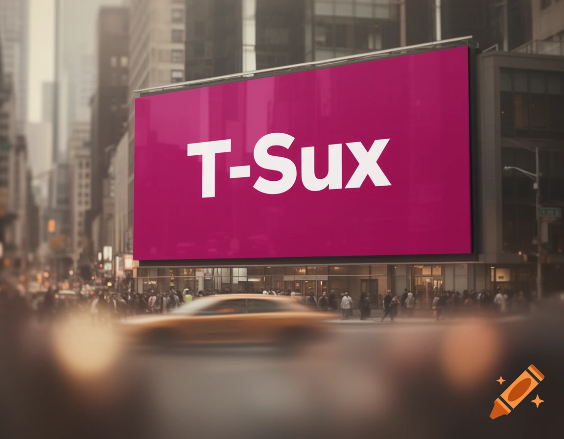 A large magenta billboard with 'T-Sux' in white letters stands over a busy, tilt-shifted city street with blurred cars and pedestrians.