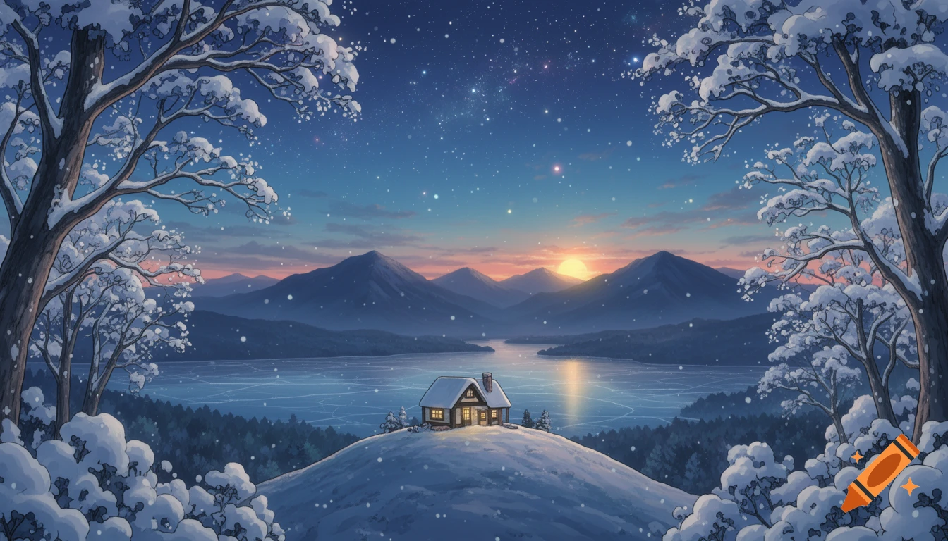 Anime winter landscape: a cozy cabin on a snowy hill overlooking a frozen lake and mountains under a starry twilight sky with a rising sun.