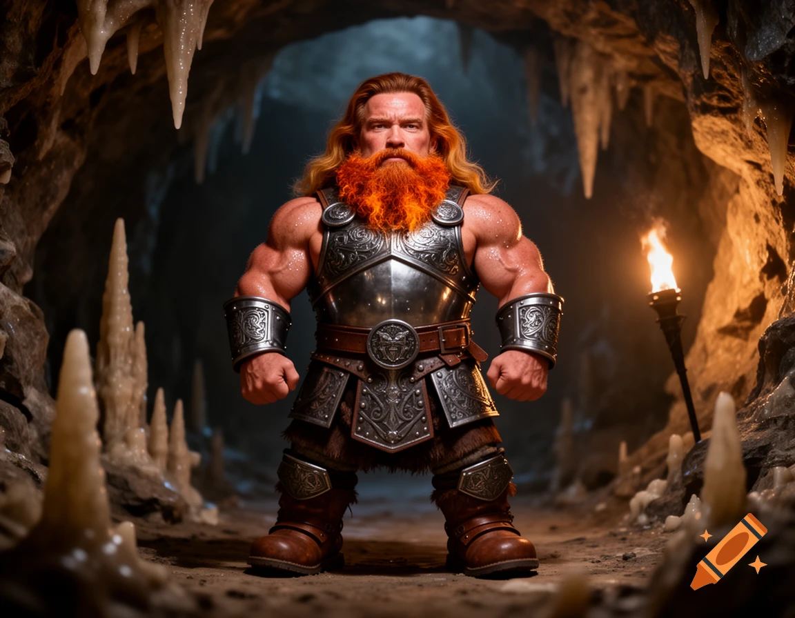 Photorealistic image of Arnold Schwarzenegger as a muscular dwarf in shining armor with a fiery red beard, standing in a dimly lit cave with stalactites and a torch.