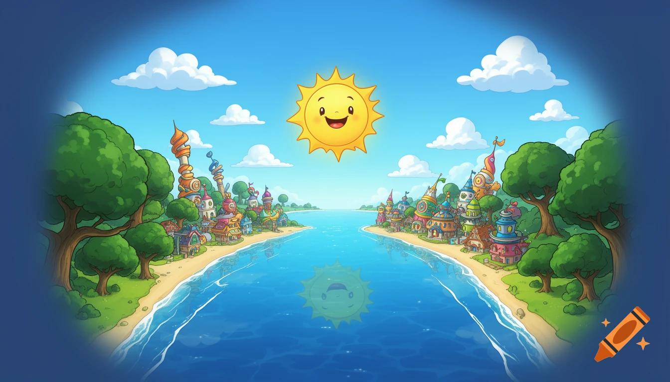 A vibrant cartoon landscape features a smiling sun over a clear blue bay flanked by whimsical towns with colorful buildings and green trees.