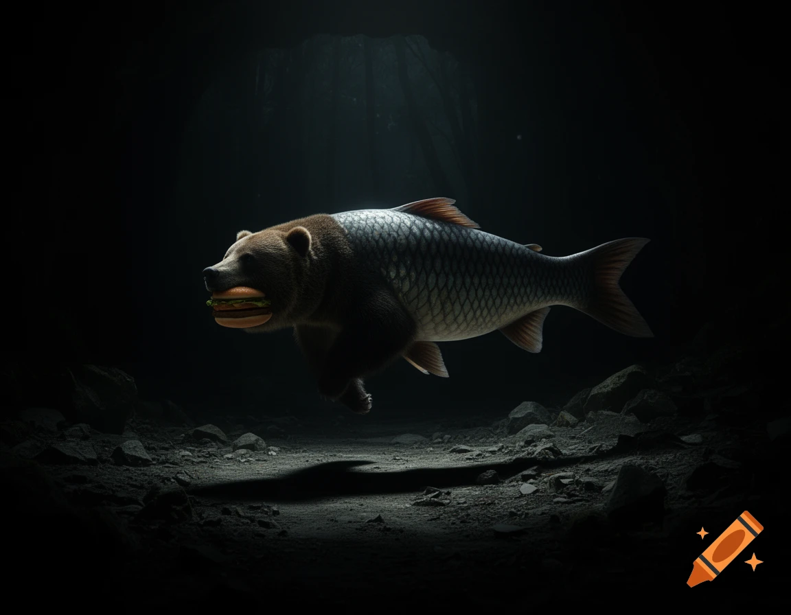 A bear with a fish tail, holding a hamburger in its mouth, floats in a dark, eerie cave with rocks.