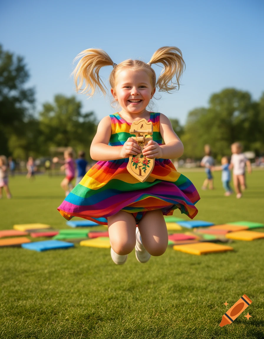 A blonde pigtails kindergartner girl jumps in a park, smiling and holding a wooden toy.