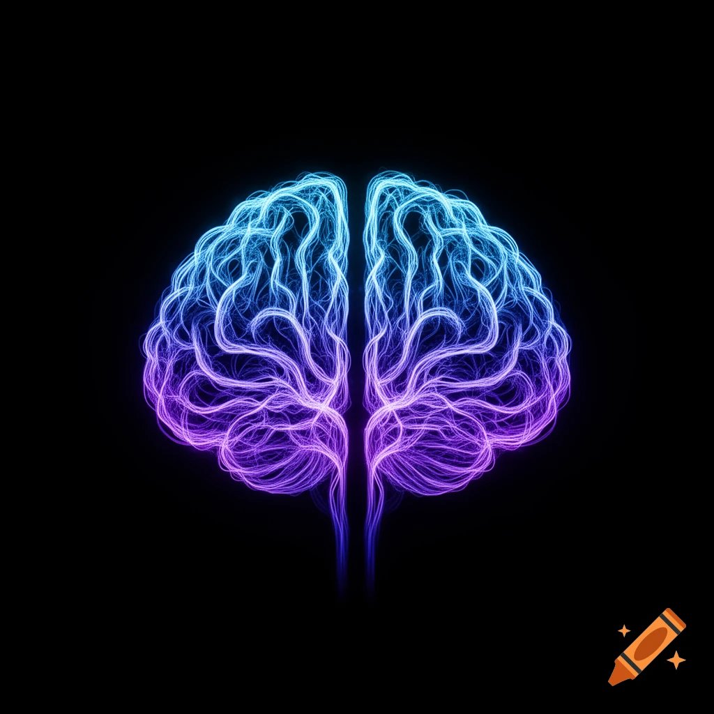 Abstract glowing brain made of electric light trails in neon blue and purple on a black background.