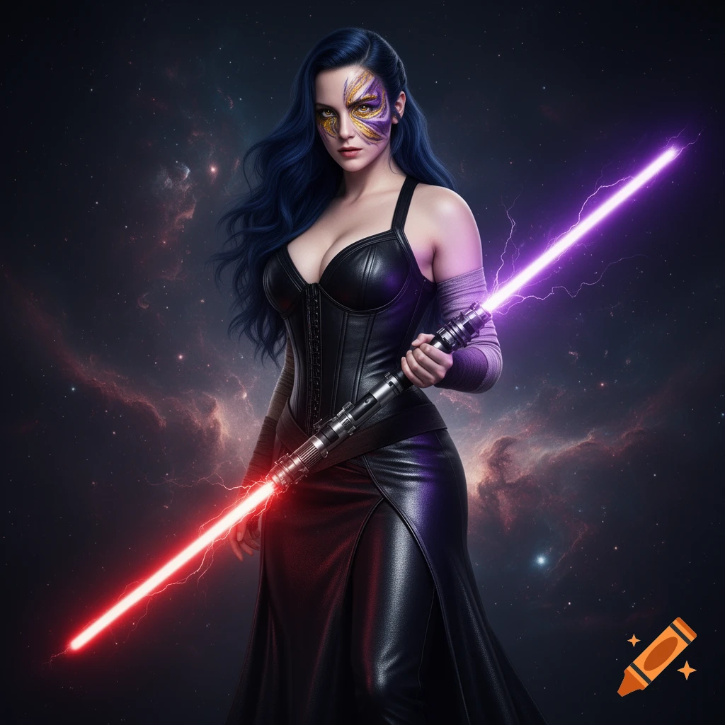 A Star Wars-inspired woman with blue hair and a face mask in a black leather outfit holds a dual crimson and violet lightsaber against a nebula.