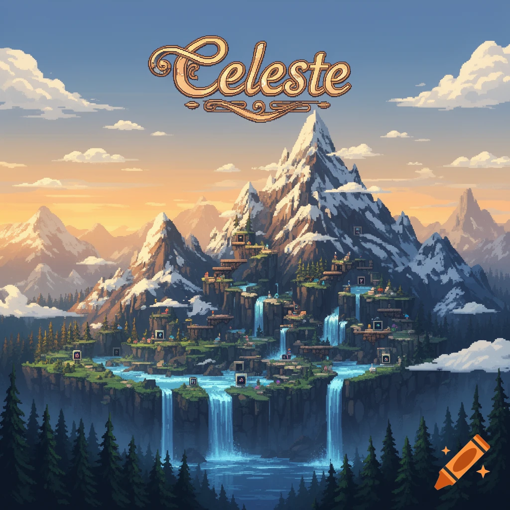 Pixel art landscape of a fantasy world map with snow-capped mountains, floating islands, and waterfalls, titled 'Celeste'.