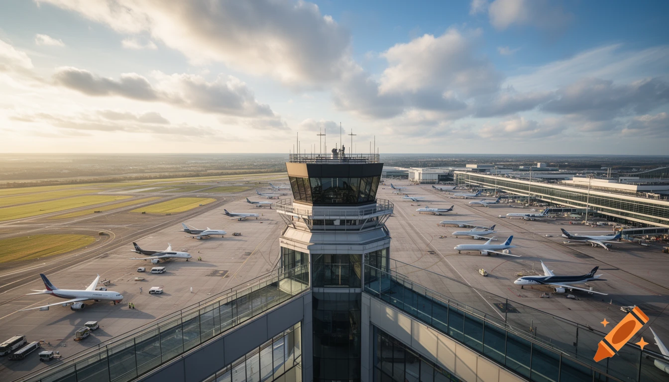 Aerial view of an airport control tower overlooking runways with multiple parked airplanes under a cloudy sky at sunset.