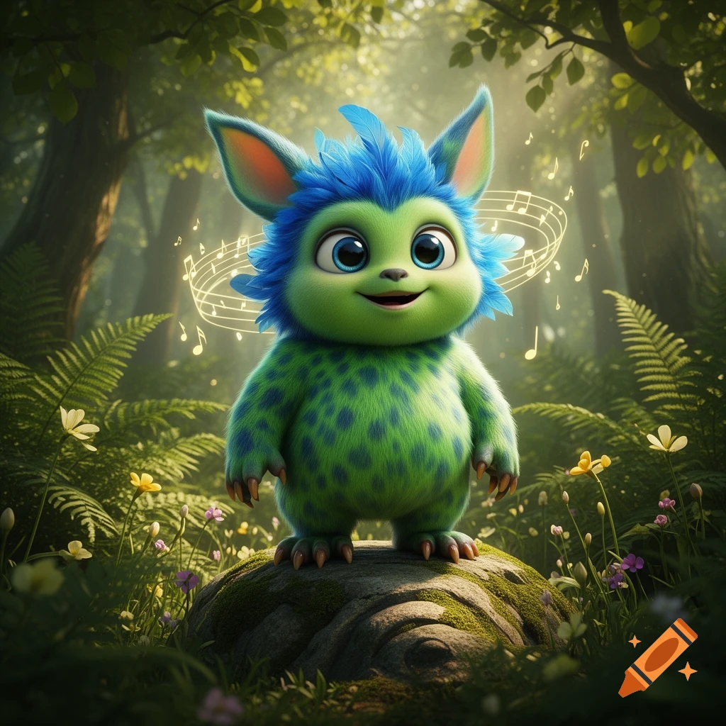 A fluffy green and blue cartoon monster with musical notes floating around its head, standing on a mossy rock in a vibrant forest.