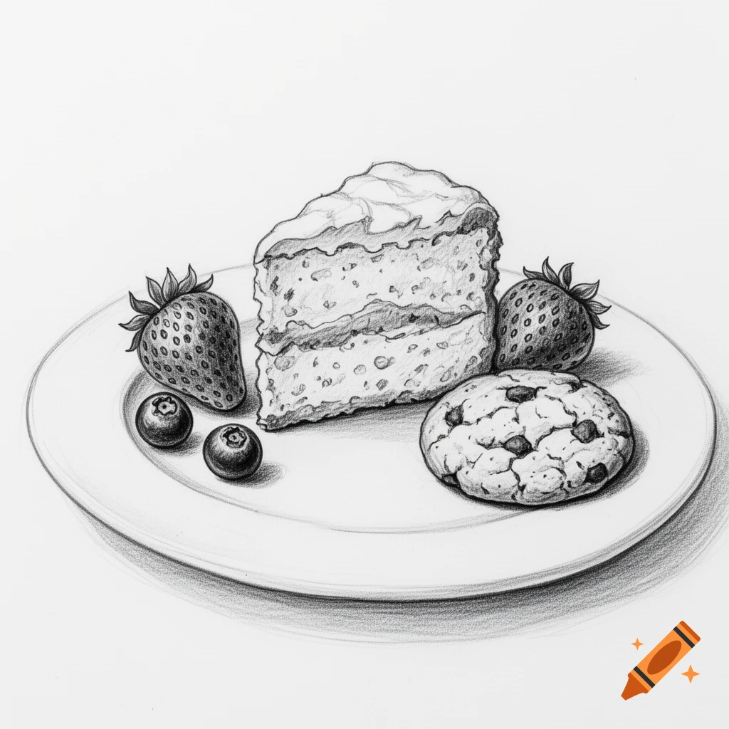 A black and white pencil sketch of a slice of cake, a chocolate chip cookie, two strawberries, and two blueberries on a white plate.