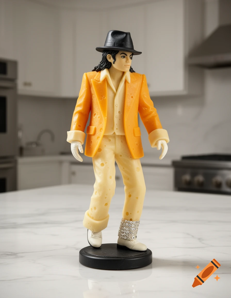 A Michael Jackson figurine made of orange and yellow cheese, with sparkly boots, stands on a kitchen counter.