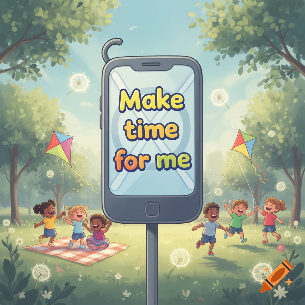 Cartoon children play in a sunny park with kites and dandelions, around a phone-shaped sign displaying 'Make time for me'.