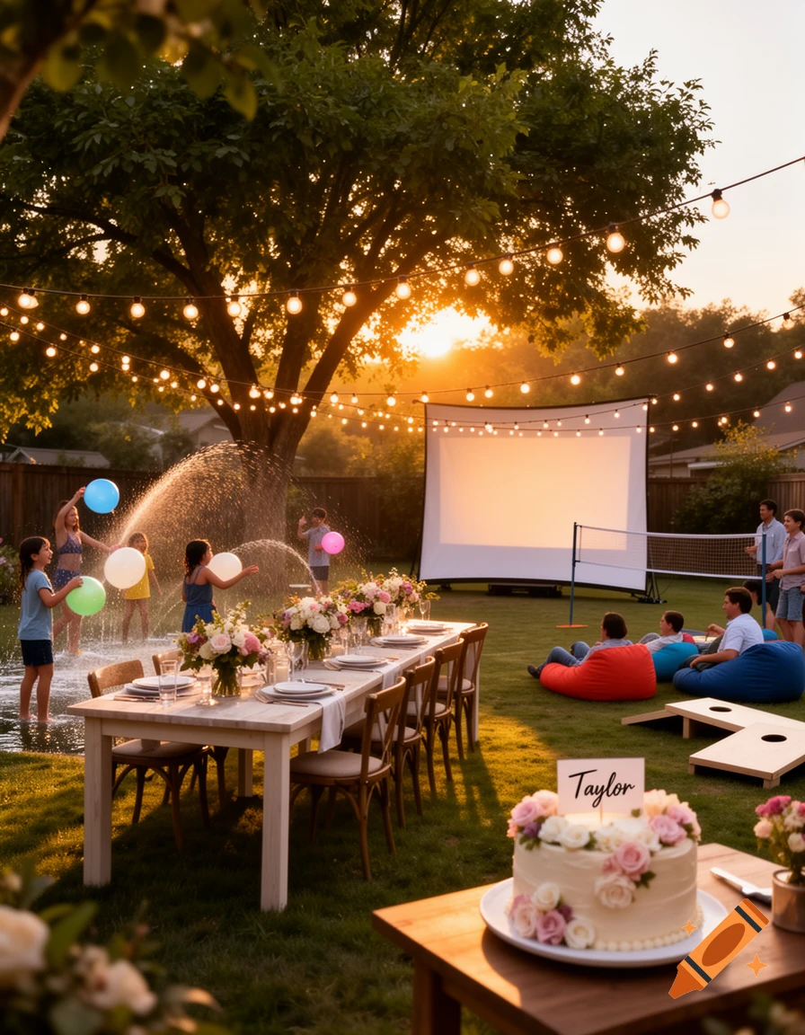 A vibrant backyard celebration during golden hour, with kids playing in water, adults relaxing, and a cake on a table under string lights.