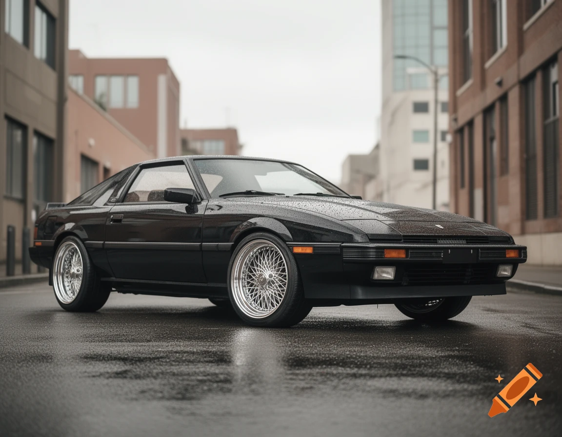 A black 1980s Toyota Supra with chrome wire wheels, parked on a wet street in an urban setting under an overcast sky.