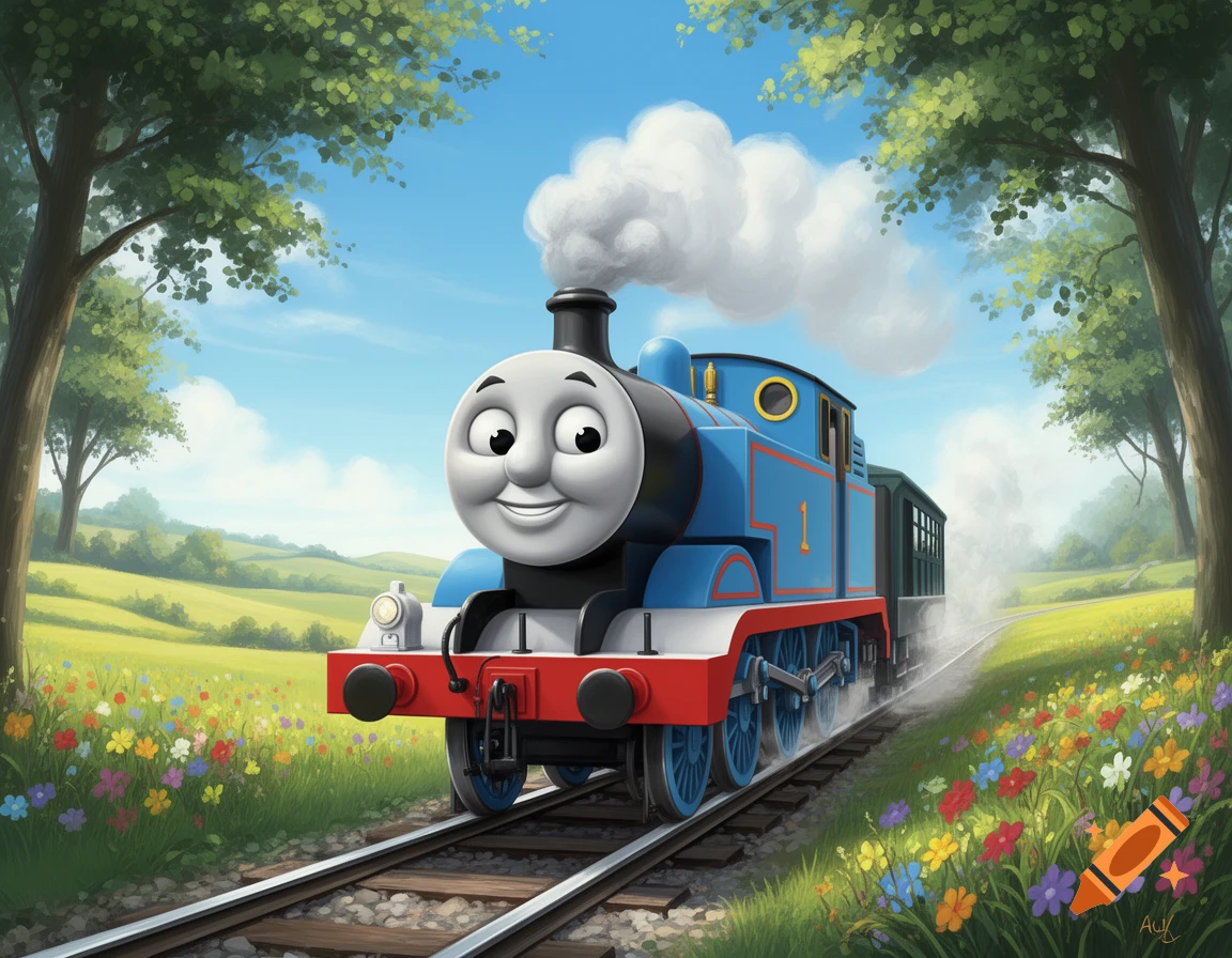 Thomas the Tank Engine on train tracks in a vibrant, illustrated grassy field with colorful flowers and trees under a blue sky.