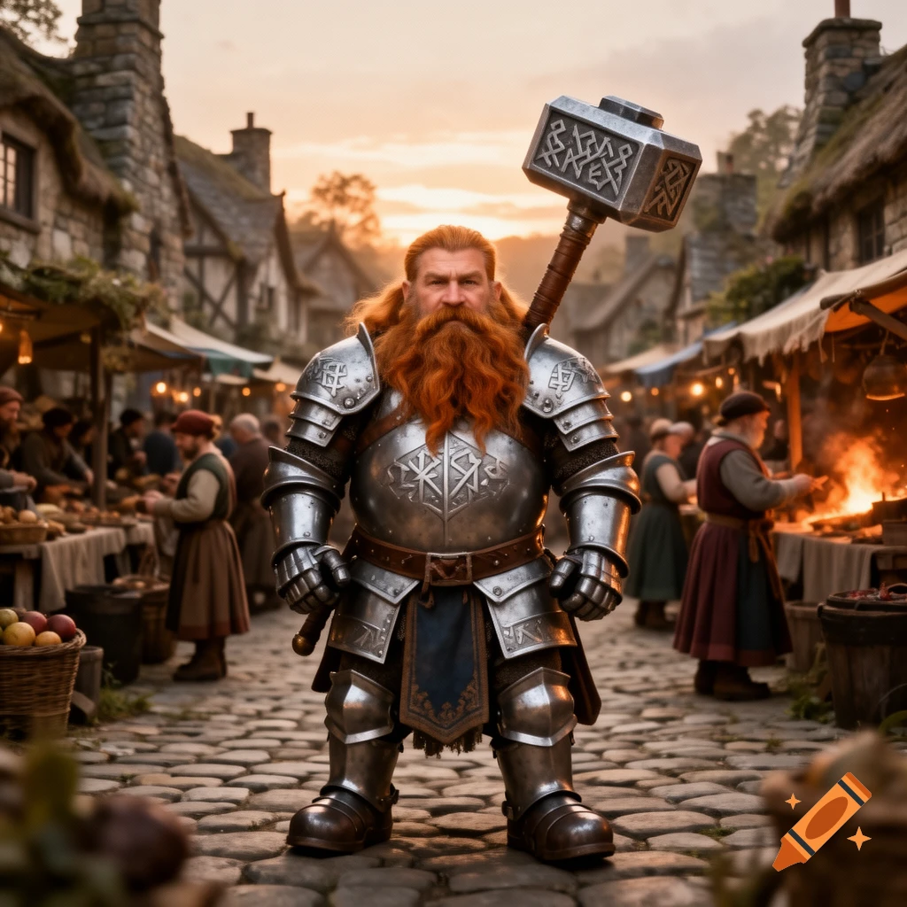 A dwarf warrior in full armor holding a large hammer, standing in a medieval market at sunset.