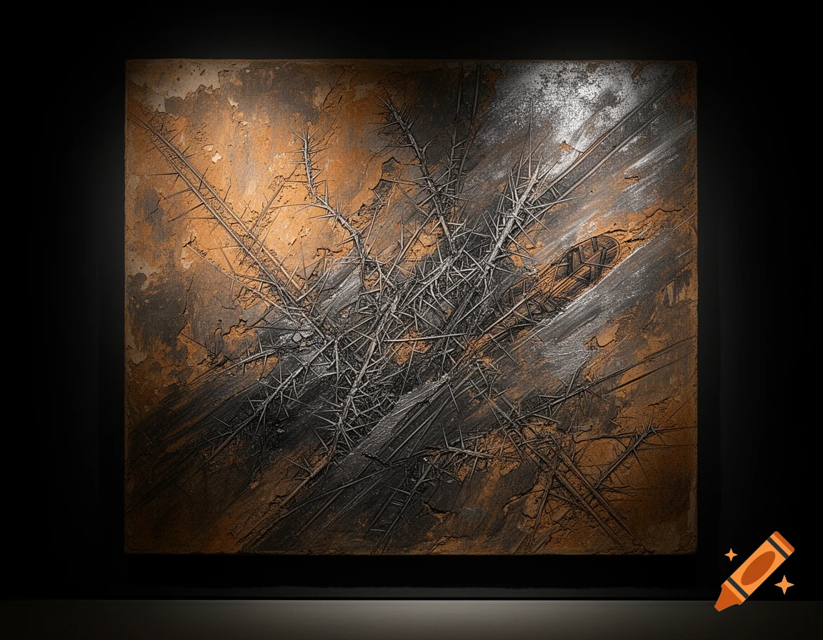 A high-contrast abstract artwork with thorn-like structures and weathered textures in burnt umber, charcoal, and metallic silver, lit by a spotlight.