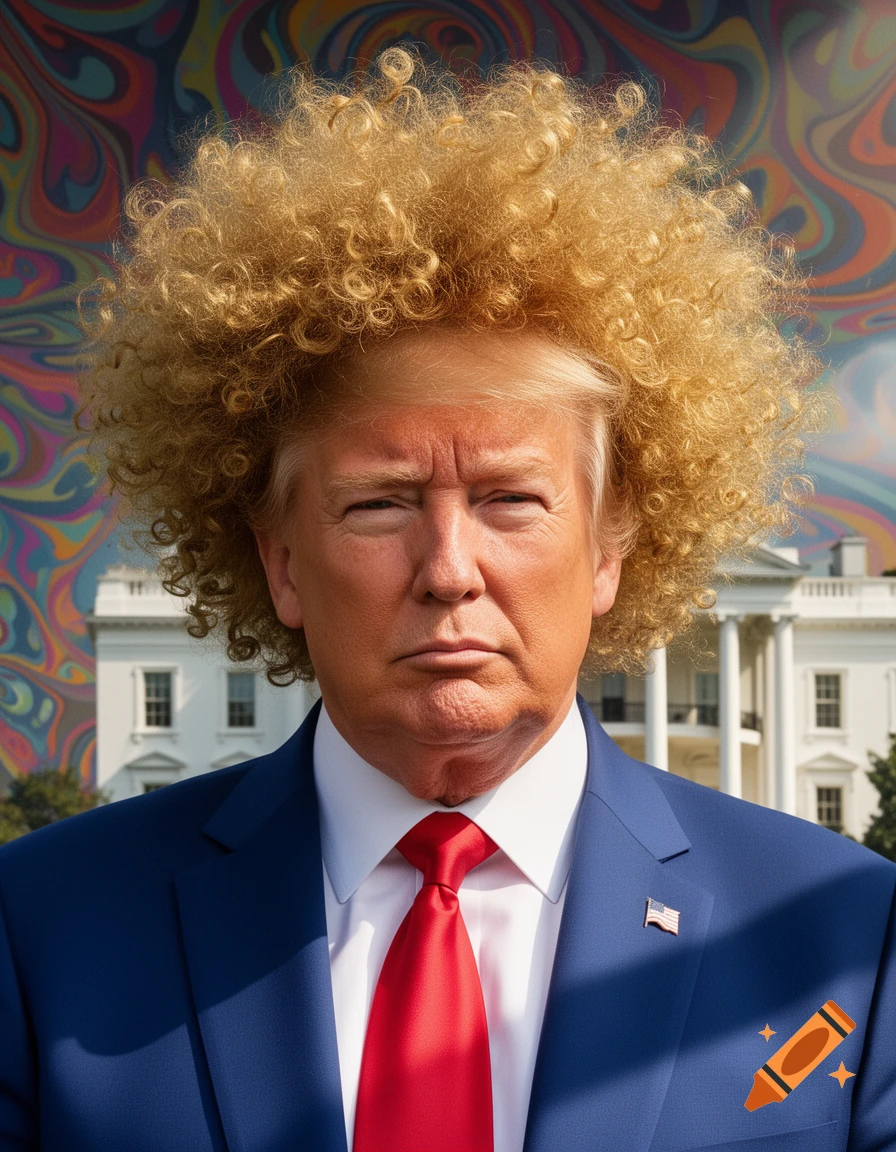 Photorealistic portrait of Donald Trump with a very large, curly blond afro, wearing a blue suit, in front of the White House and a swirling psychedelic background.