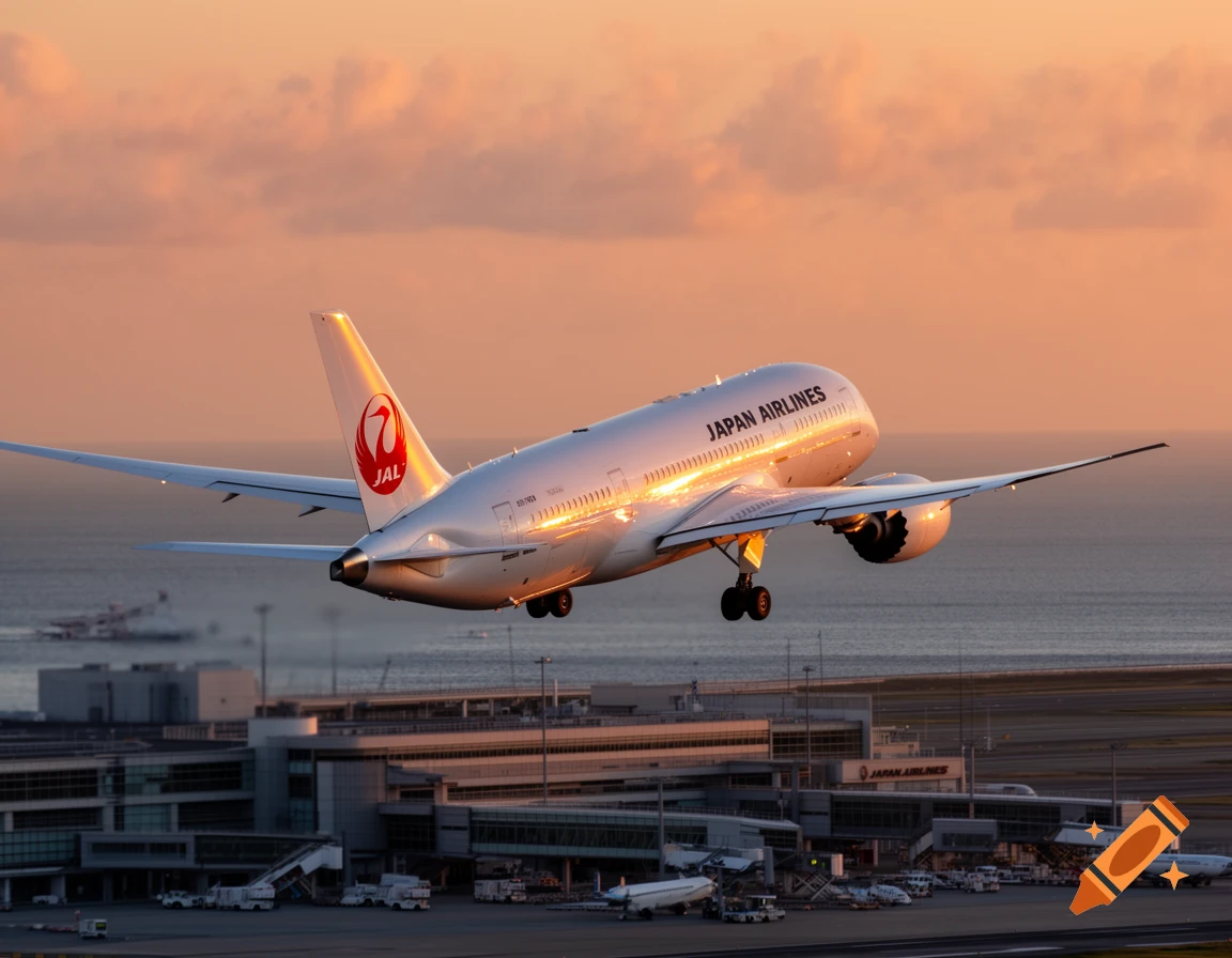 A Japan Airlines (JAL) Boeing 787 airplane in flight above an airport terminal, with golden sunlight reflecting off its body during sunset.