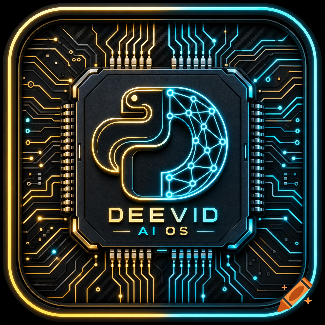 A high-tech app icon for 'Deevid AI OS' with a titanium chip, carbon fiber circuit board, and glowing golden and cyan circuitry.