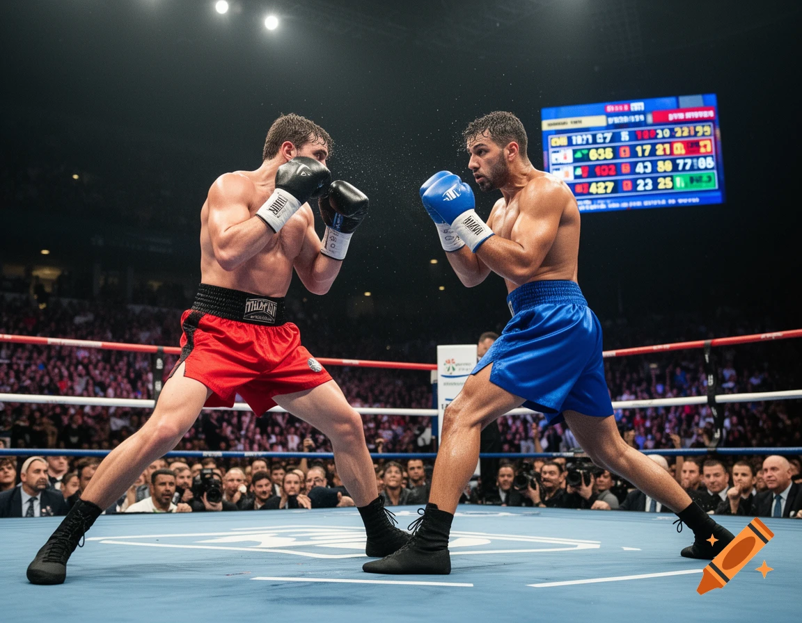 Two muscular male boxers, one in red shorts and black gloves, the other in blue shorts and blue gloves, face off in a brightly lit boxing ring surrounded by a large crowd. A scoreboard is visible in the background.