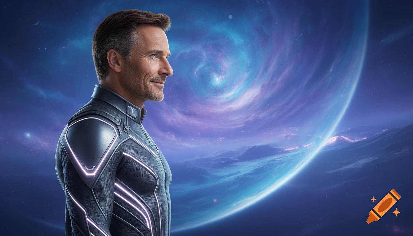A smiling, middle-aged man in a dark futuristic uniform with glowing lines looks towards a vibrant purple and blue alien planet in a starry space background.