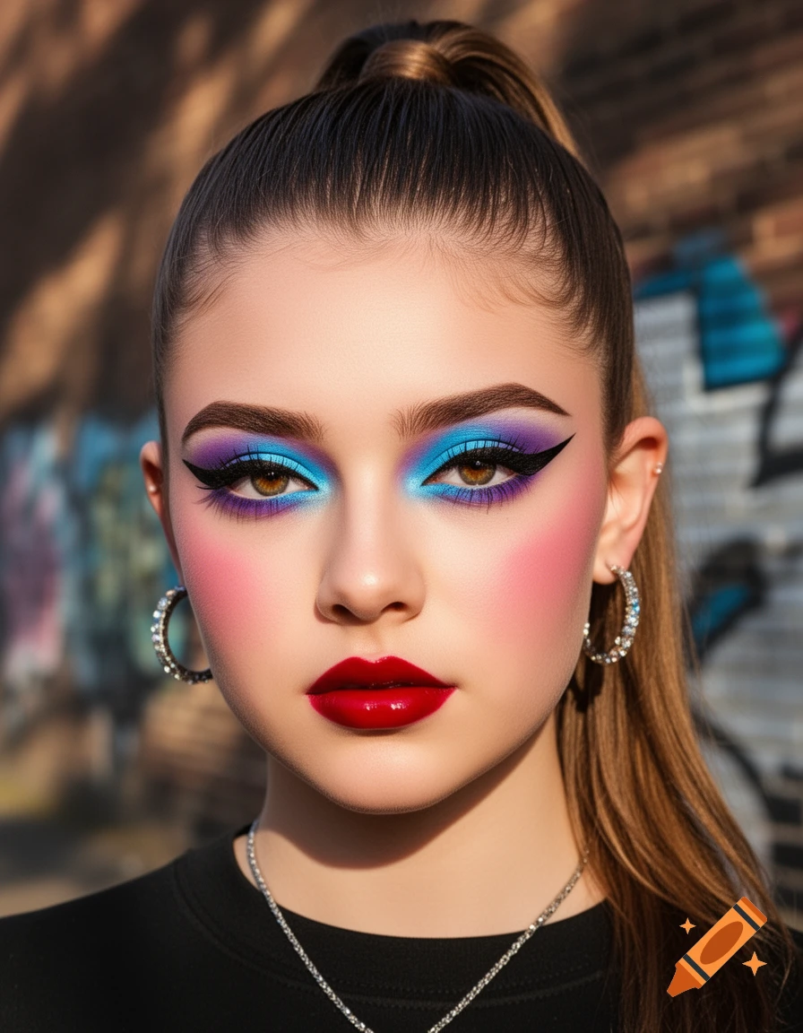 Photorealistic portrait of a young woman with bold blue and purple eyeshadow, red lips, and pink blush, wearing silver jewelry, hair in a high ponytail.