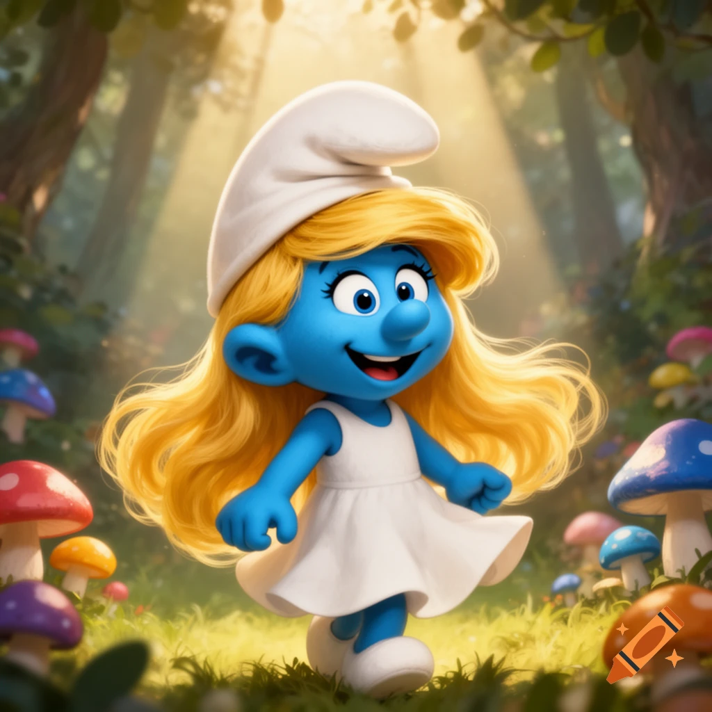 Smurfette with long blonde hair, wearing a white dress and hat, smiling in a sunlit forest with colorful mushrooms.