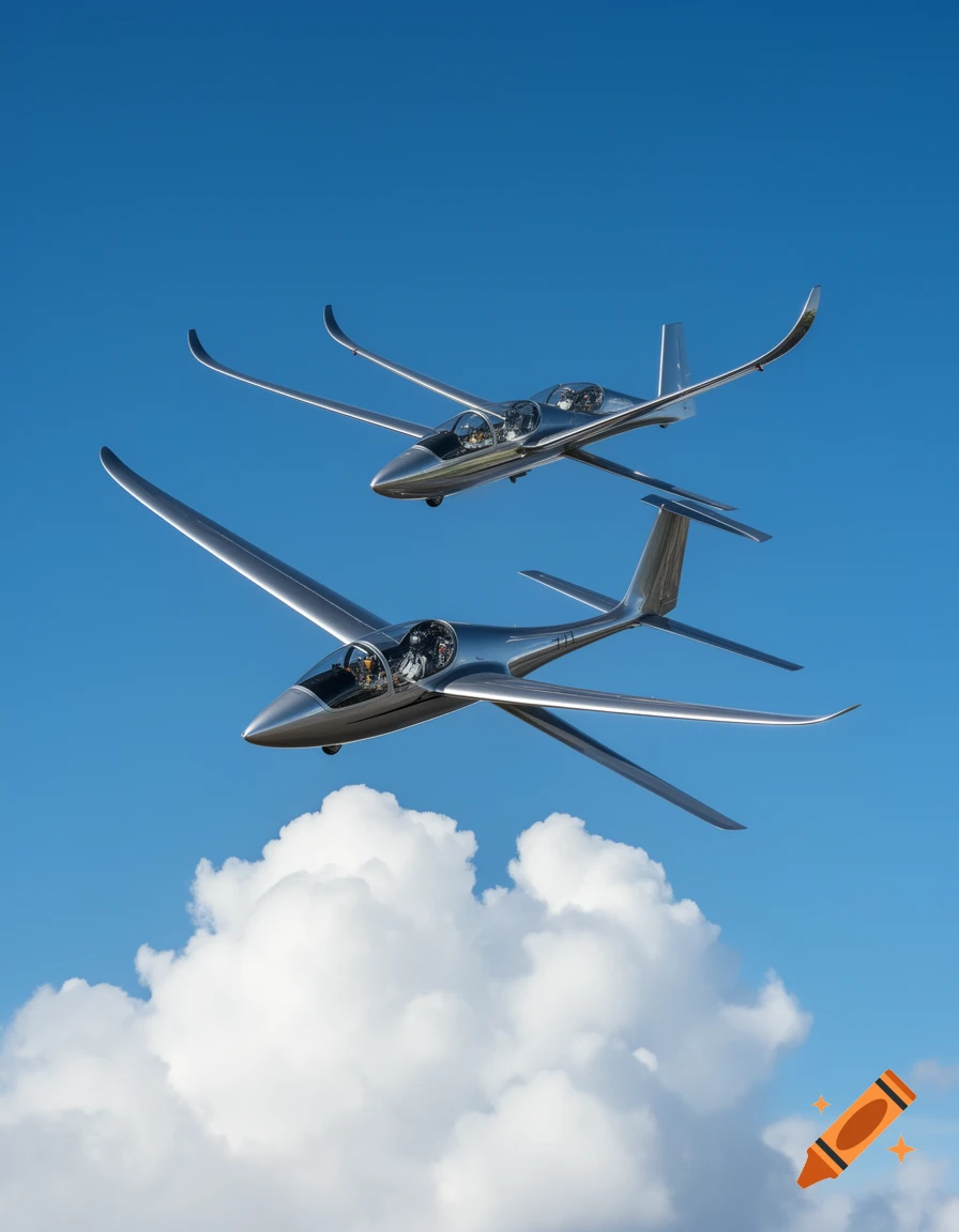 Two sleek silver gliders soar through a clear blue sky, one slightly above the other, with fluffy white clouds below.