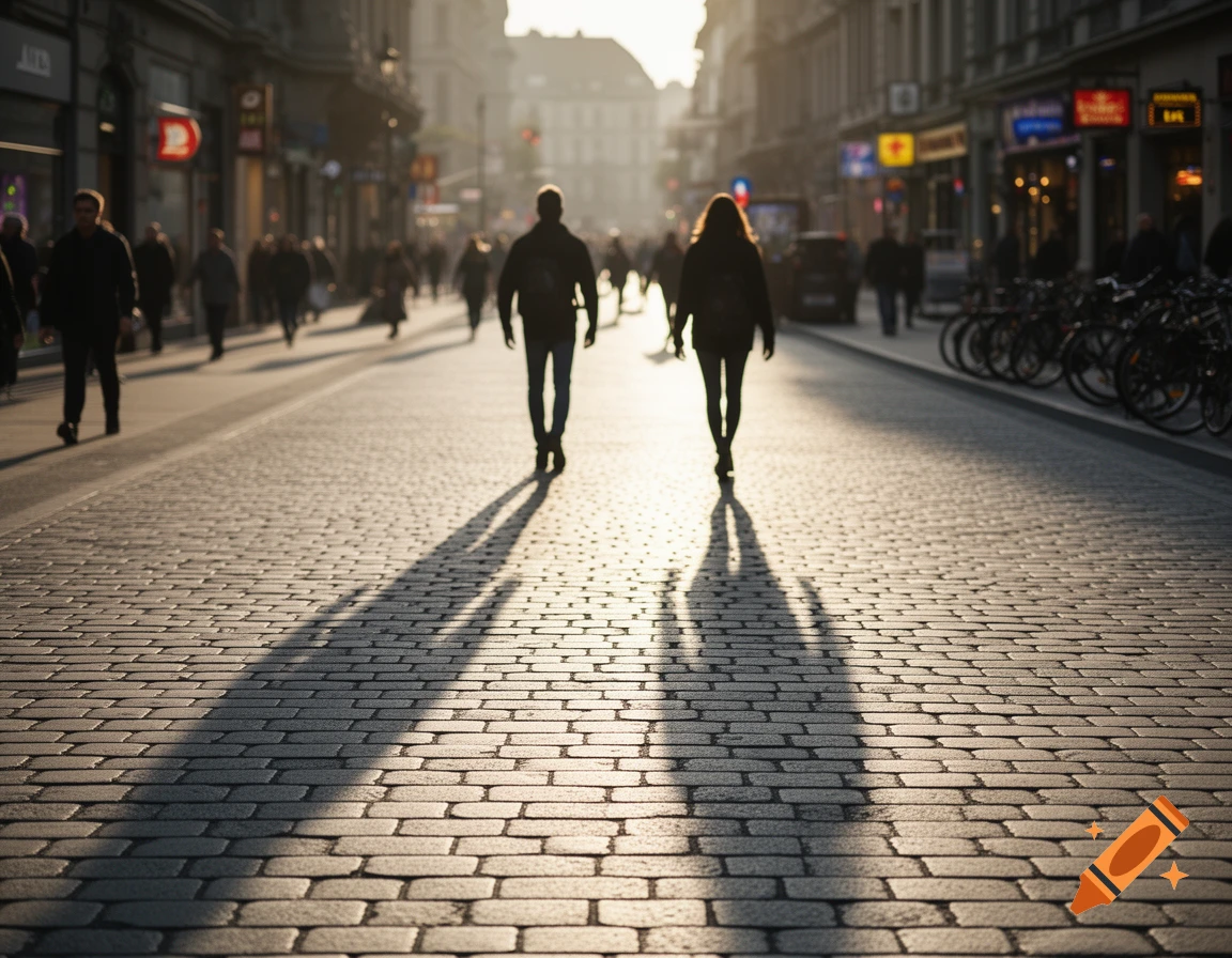 Two silhouetted figures with long shadows walk on a cobblestone street in a sunlit city.