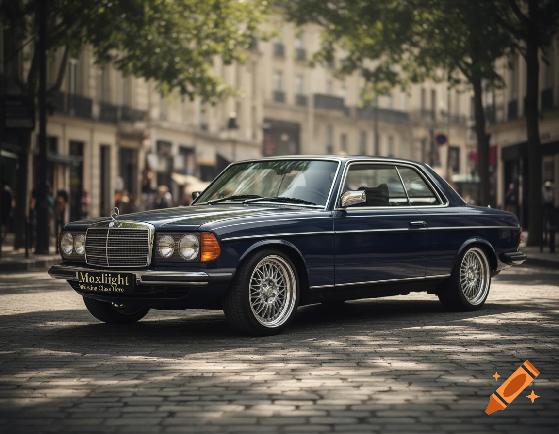 A dark blue classic Mercedes-Benz W123 coupe parked on a cobblestone street in a European city, dappled in sunlight.