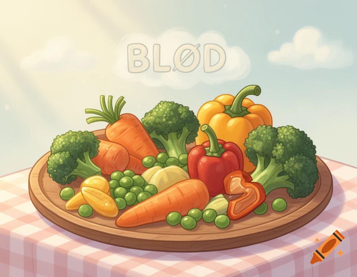 A cartoon illustration of cooked vegetables including broccoli, carrots, peppers, and peas on a wooden platter, with the text "BLØD" in the sky.