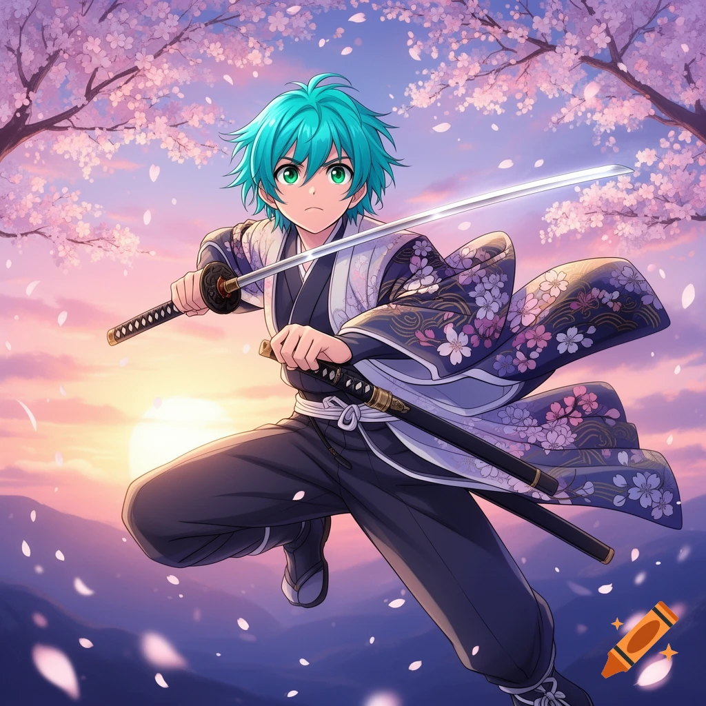 Anime swordsman with teal hair in a floral kimono holding a katana, posed dynamically under cherry blossom trees at sunset.