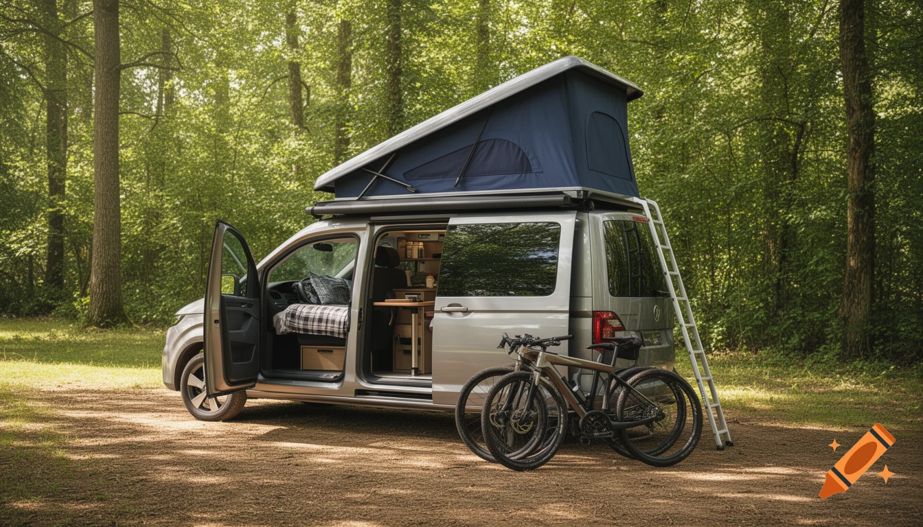 A silver camper van with a blue pop-up roof tent and two gravel bikes parked on a dirt path in a lush green forest.